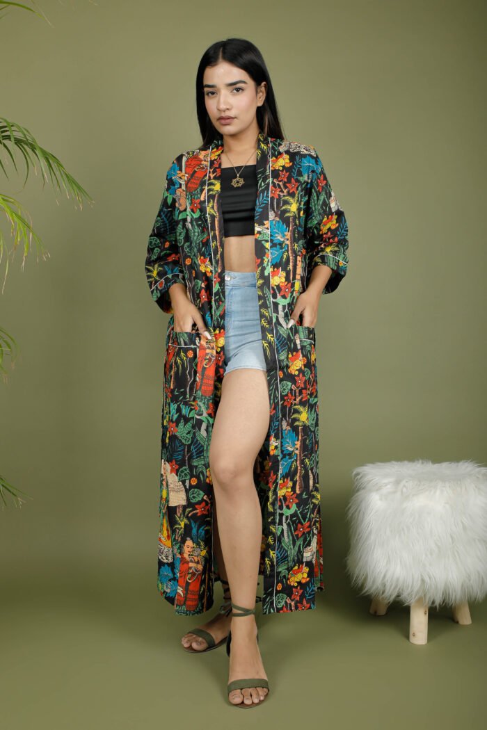 model wearing floral sexy kimono on olive green background