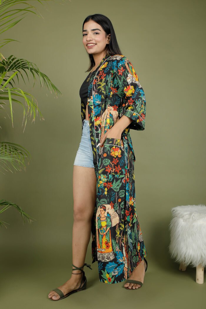 model wearing floral sexy kimono on olive green background