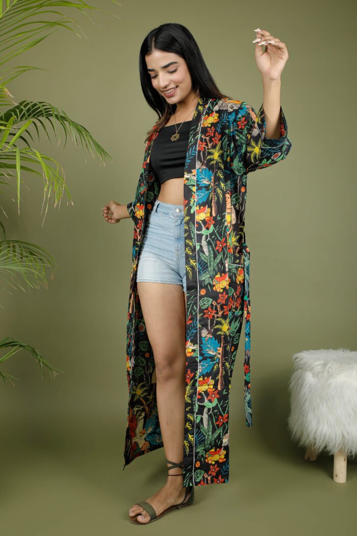 model wearing floral sexy kimono on olive green background