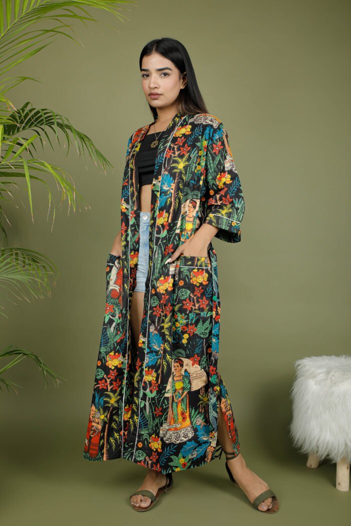 model wearing floral sexy kimono on olive green background