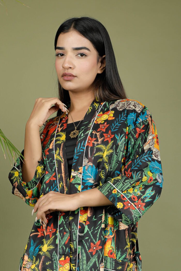 model wearing floral sexy kimono on olive green background