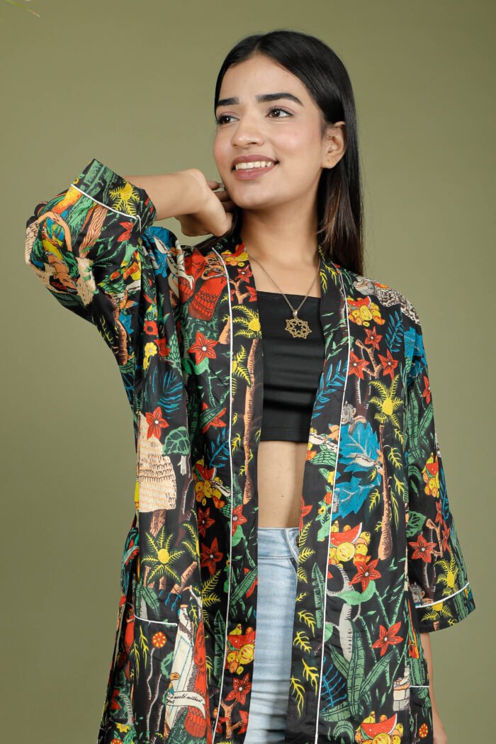 model wearing floral sexy kimono on olive green background