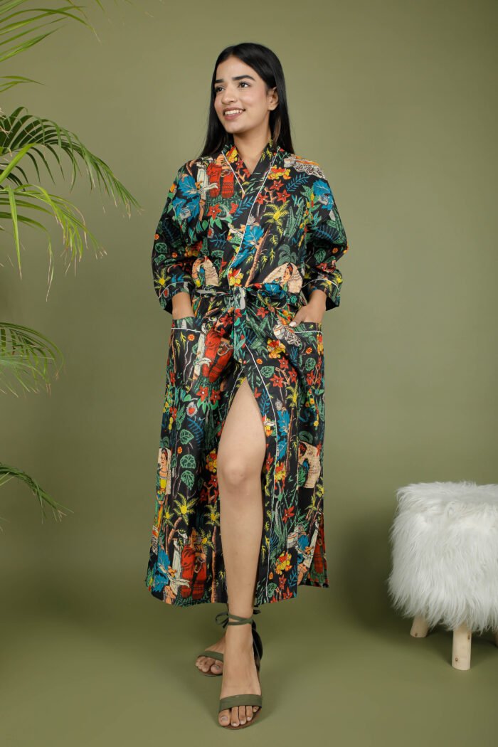 model wearing floral sexy kimono on olive green background