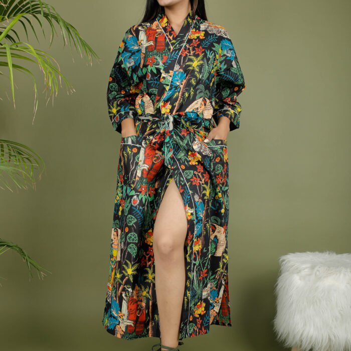 model wearing floral sexy kimono on olive green background