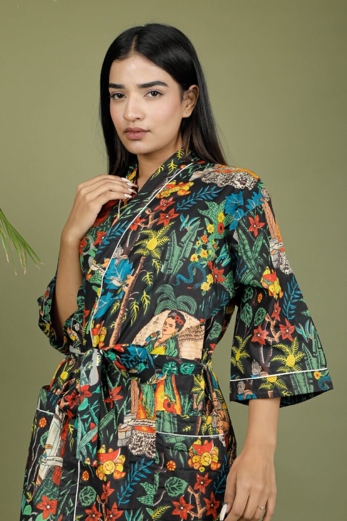 model wearing floral sexy kimono on olive green background