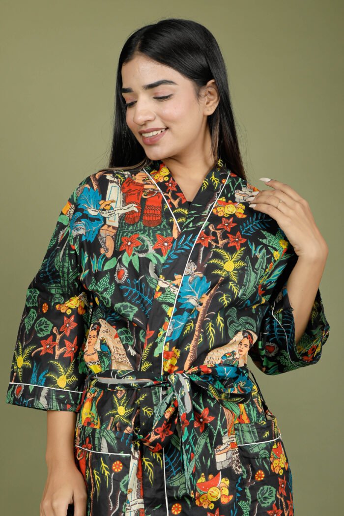 model wearing floral sexy kimono on olive green background