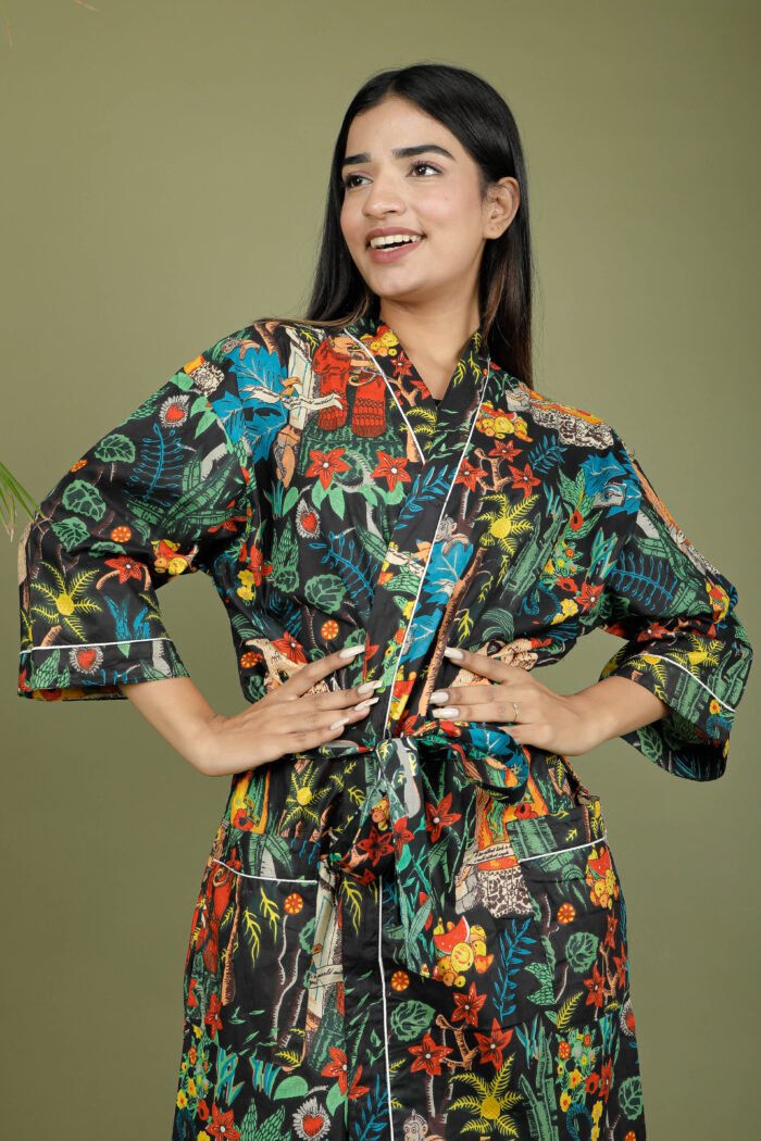 model wearing floral sexy kimono on olive green background