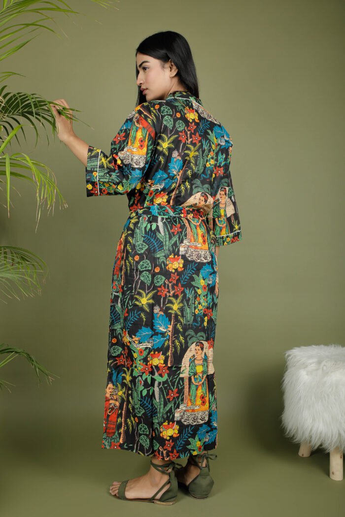 model wearing floral sexy kimono on olive green background