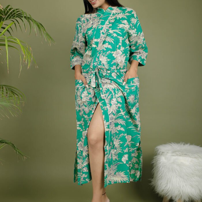 model wearing floral print green color kimono sleeves on olive green background