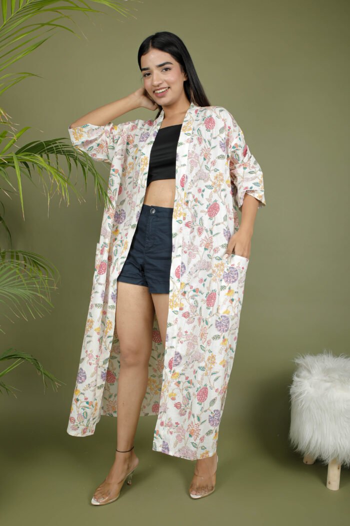 model wearing floral print white color kimono traditional on olive green background