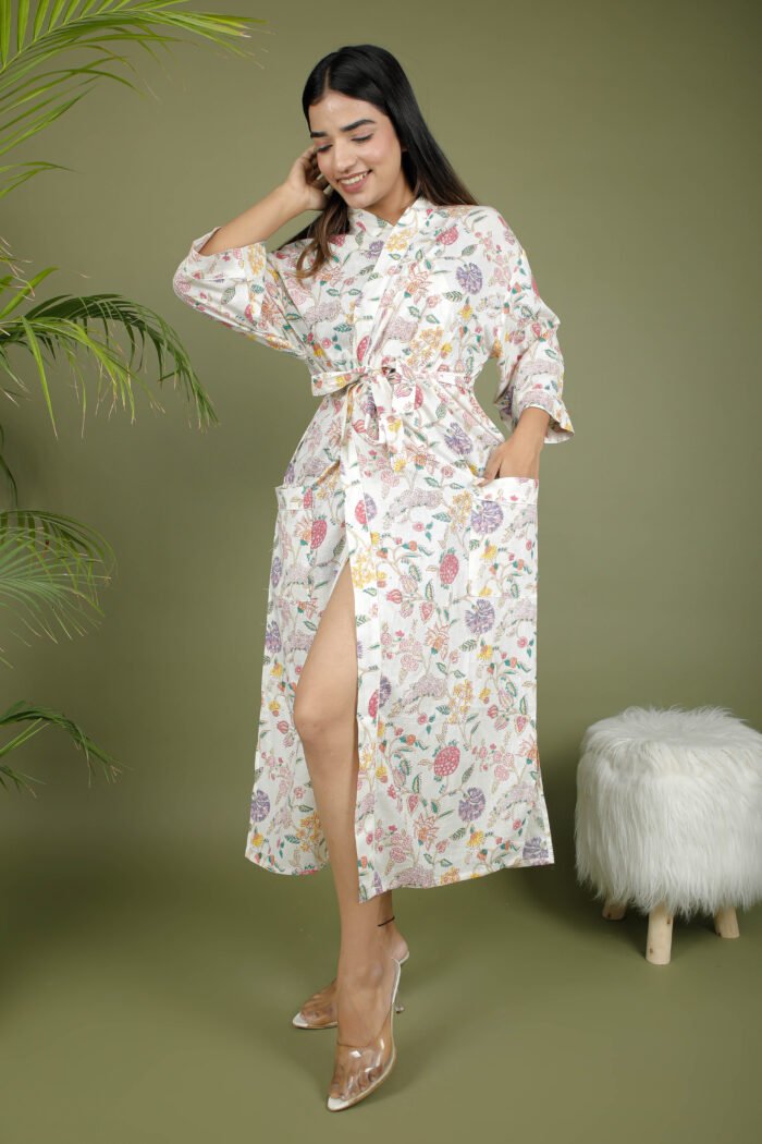 model wearing floral print white color kimono traditional on olive green background