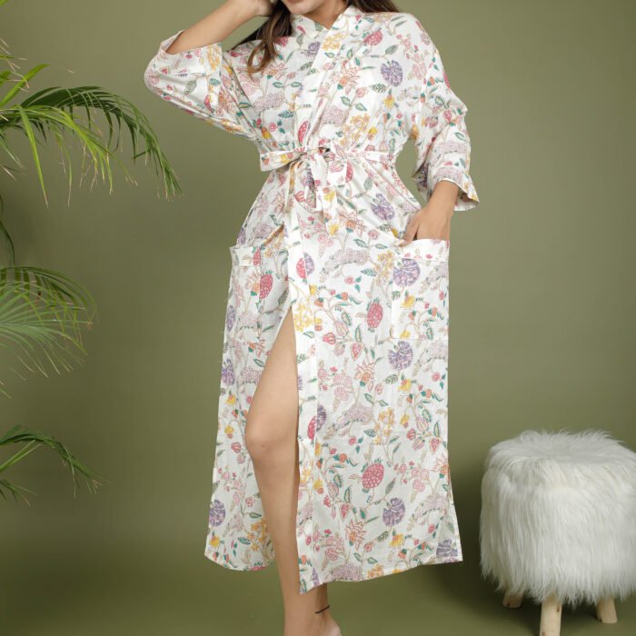 model wearing floral print white color kimono traditional on olive green background