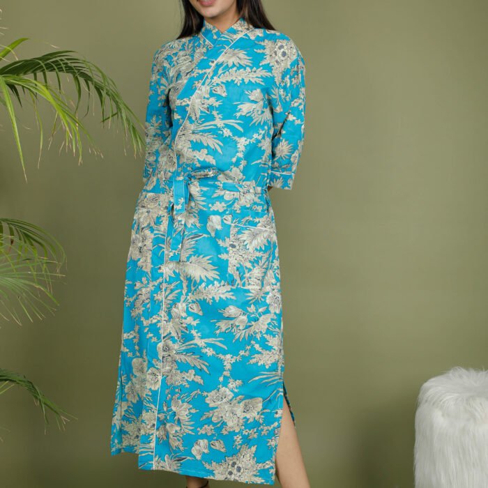 model wearing floral print blue color traditional kimono on olive green background