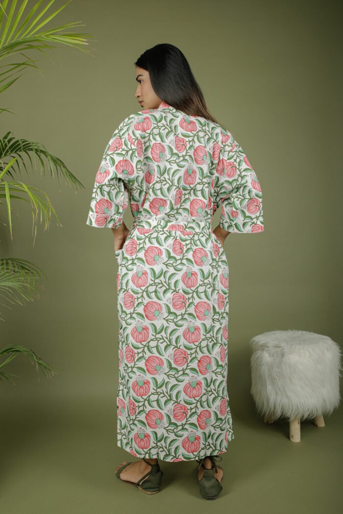 model wearing floral print white color kimono mom on olive green background