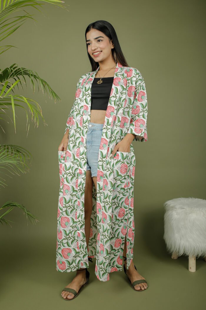 model wearing floral print white color kimono mom on olive green background