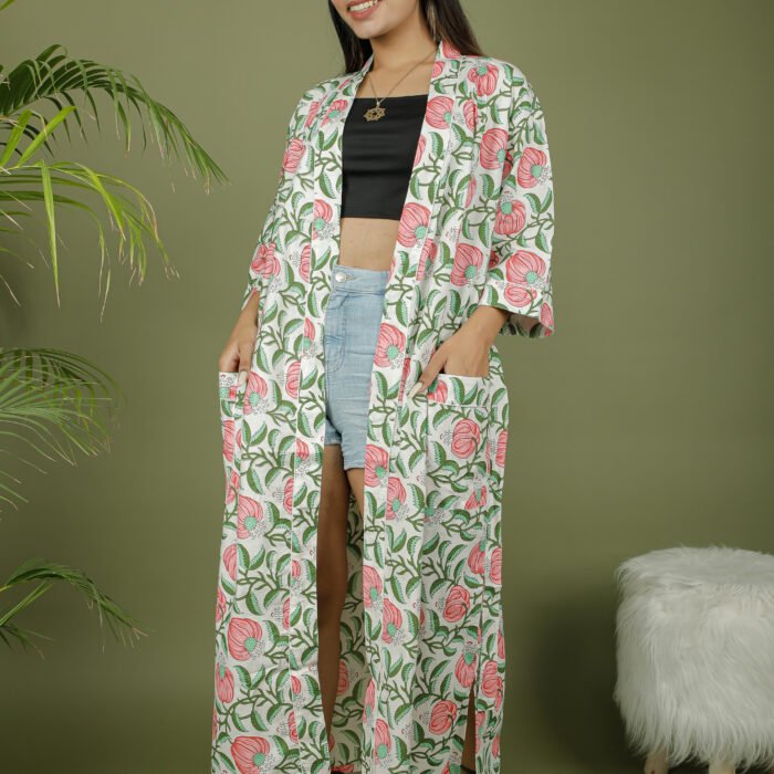 model wearing floral print white color kimono mom on olive green background