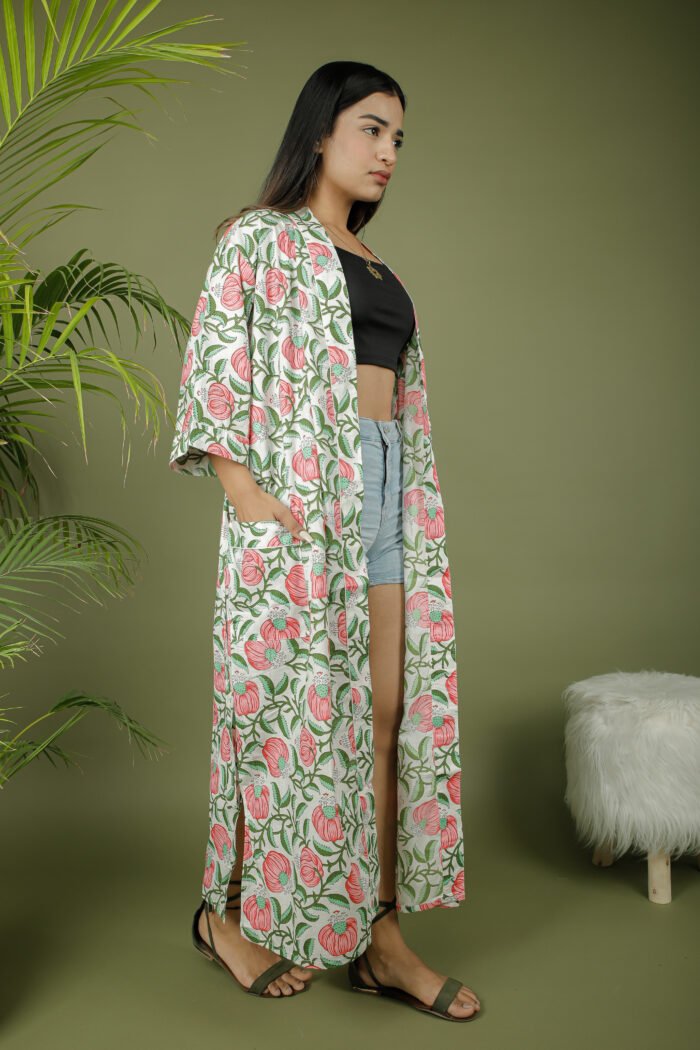 model wearing floral print white color kimono mom on olive green background