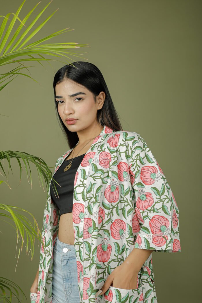 model wearing floral print white color kimono mom on olive green background