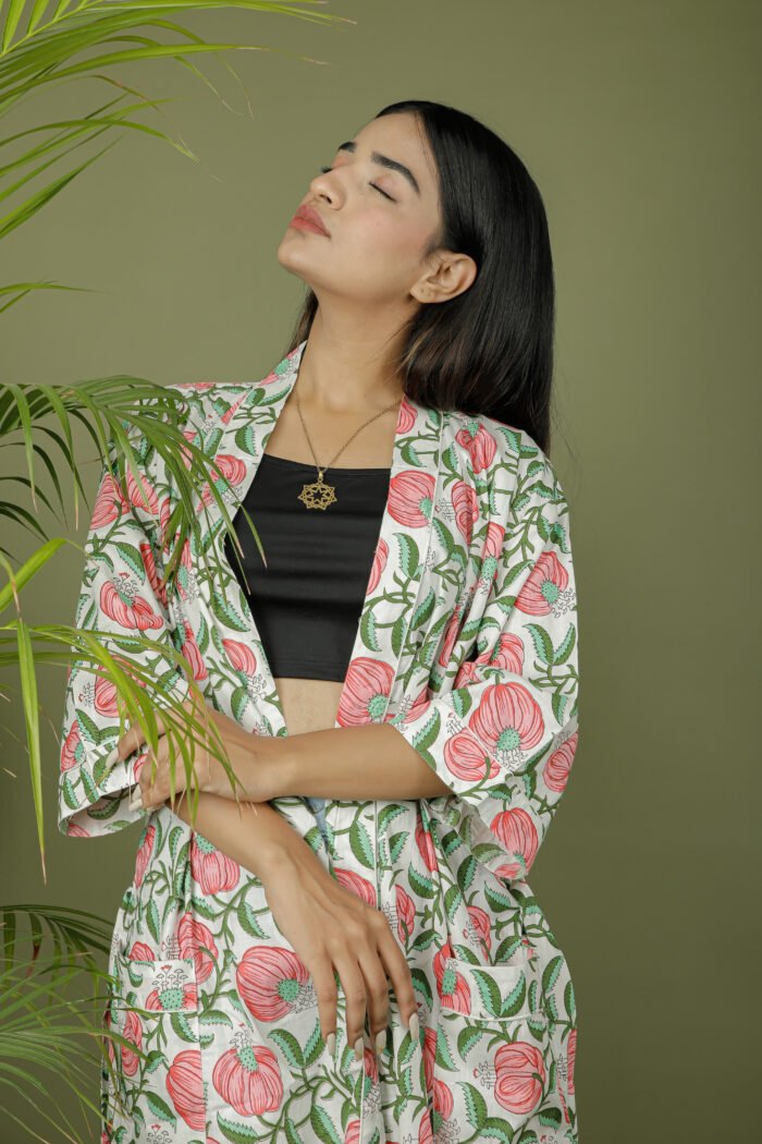 model wearing floral print white color kimono mom on olive green background