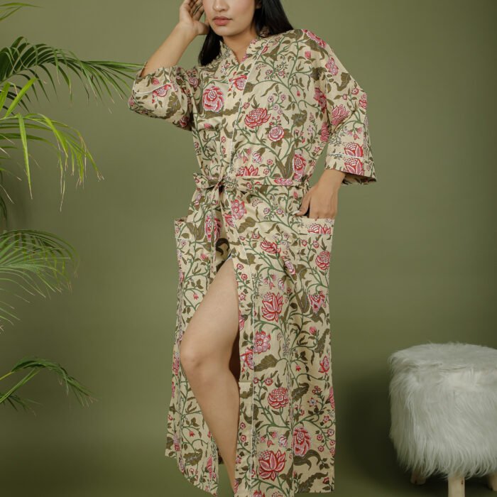 model wearing floral print pale yellow color kimono robe womens on olive green background