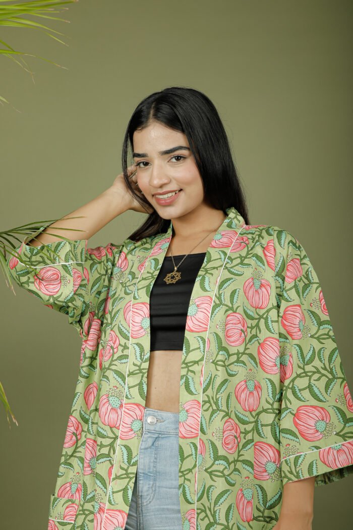 model wearing floral print green color kimono dress on olive green background