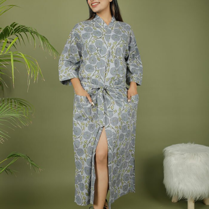 model wearing floral print grey color kimono women on olive green background