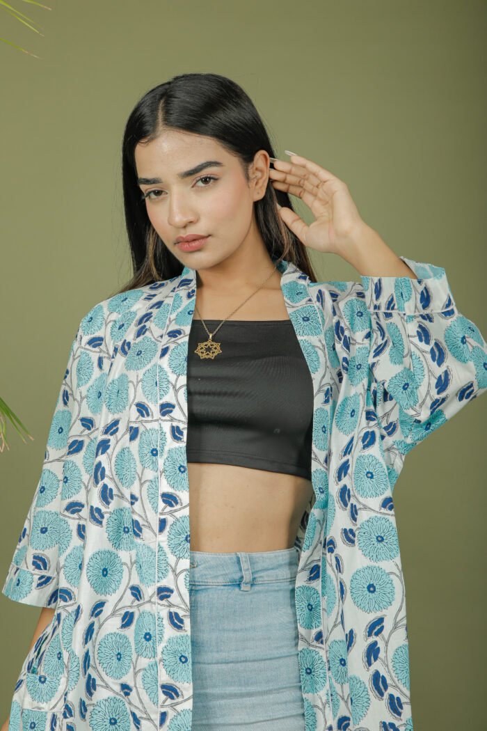 model wearing floral print sky blue color kimono shrug on olive green background